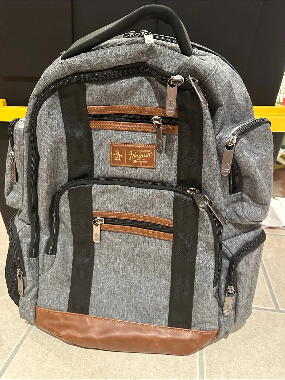 Original Penguin Gray and Brown Multi-Zip Everyday Backpack. Great condition!